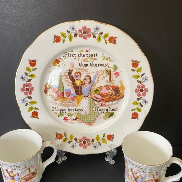 Bone China Happy Hostess Set Serving Platter 2 Coffee Mugs Plate Tea Cup Vintage - Picture 3 of 14